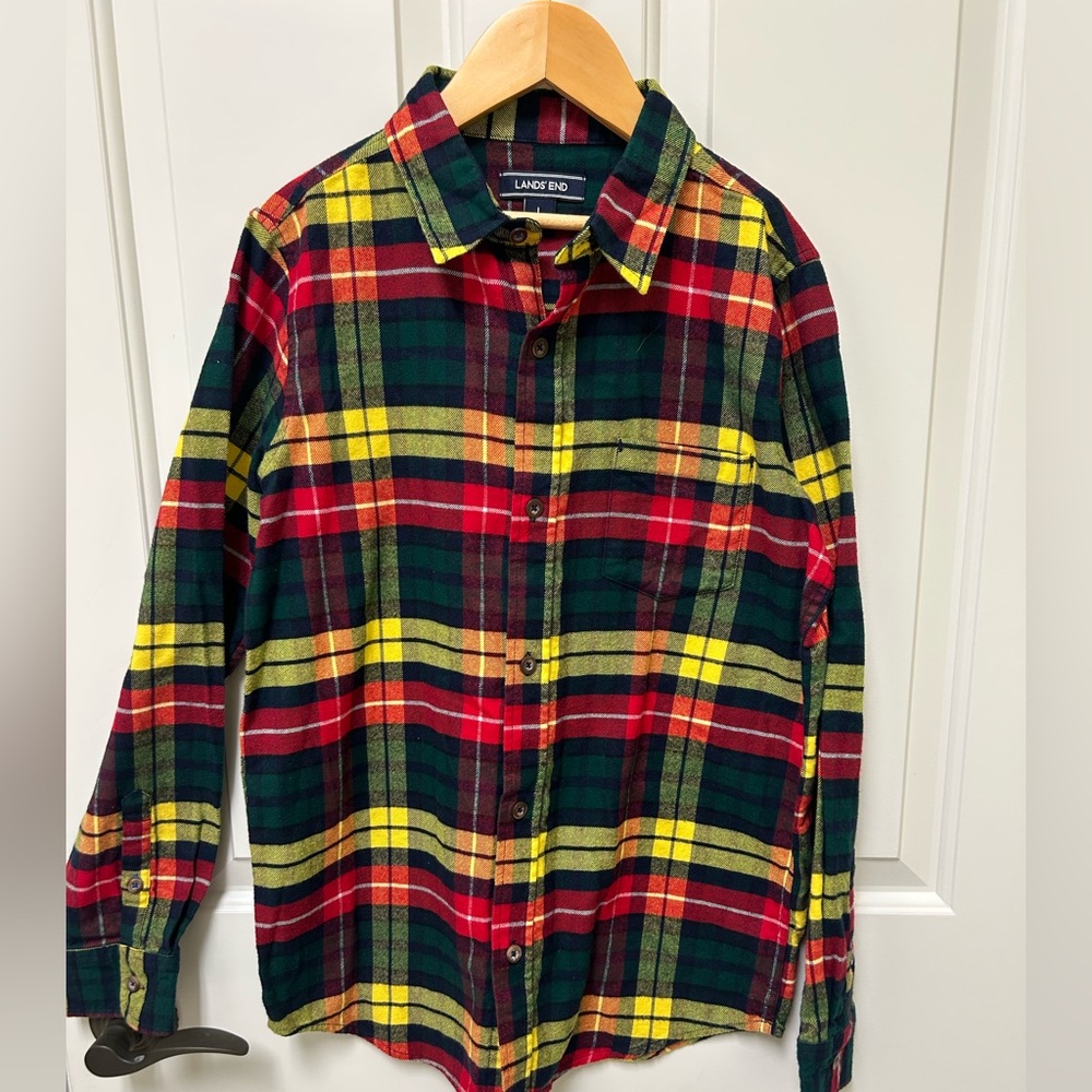 Lands' End Boys Red, Green & Yellow Plaid Button-Down Shirt Flannel sz L 14/16